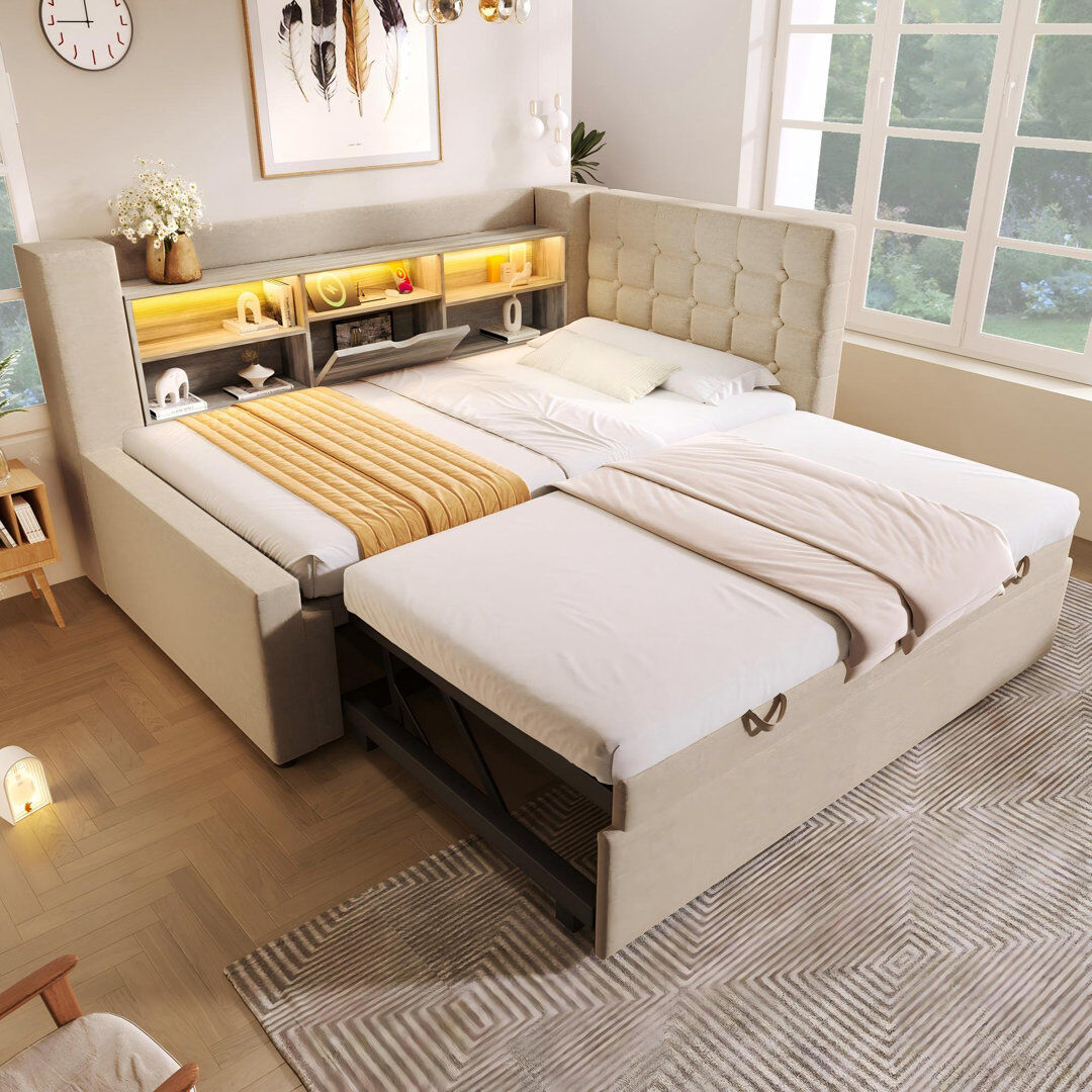 17 Stories Upholstered Linen Daybed with Trundle Bed Beige
