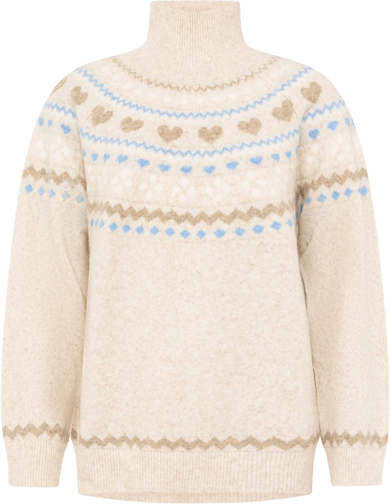 Stehkragenpullover ZWILLINGSHERZ "Norweger", Damen, Gr. S/M, beige, Grobstrick, Obermaterial: 65% Polyester, 13% Polyacryl, 13% Polyamid, 9% Wolle, Pullover Stehkragenpullover, Norweger-Muster, hoher Kragen, oversize, komfortables Strick