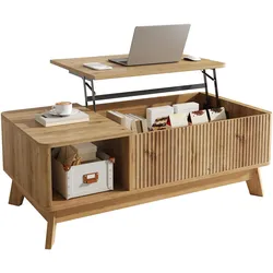 COUCHTISCH holzoptik & 3d-wellen-design mit lift-funktion & verstecktem stauraum