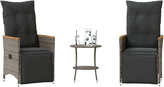 3-teiliges Bistro-Set mit Kissen Grau Poly Rattan Outdoor I