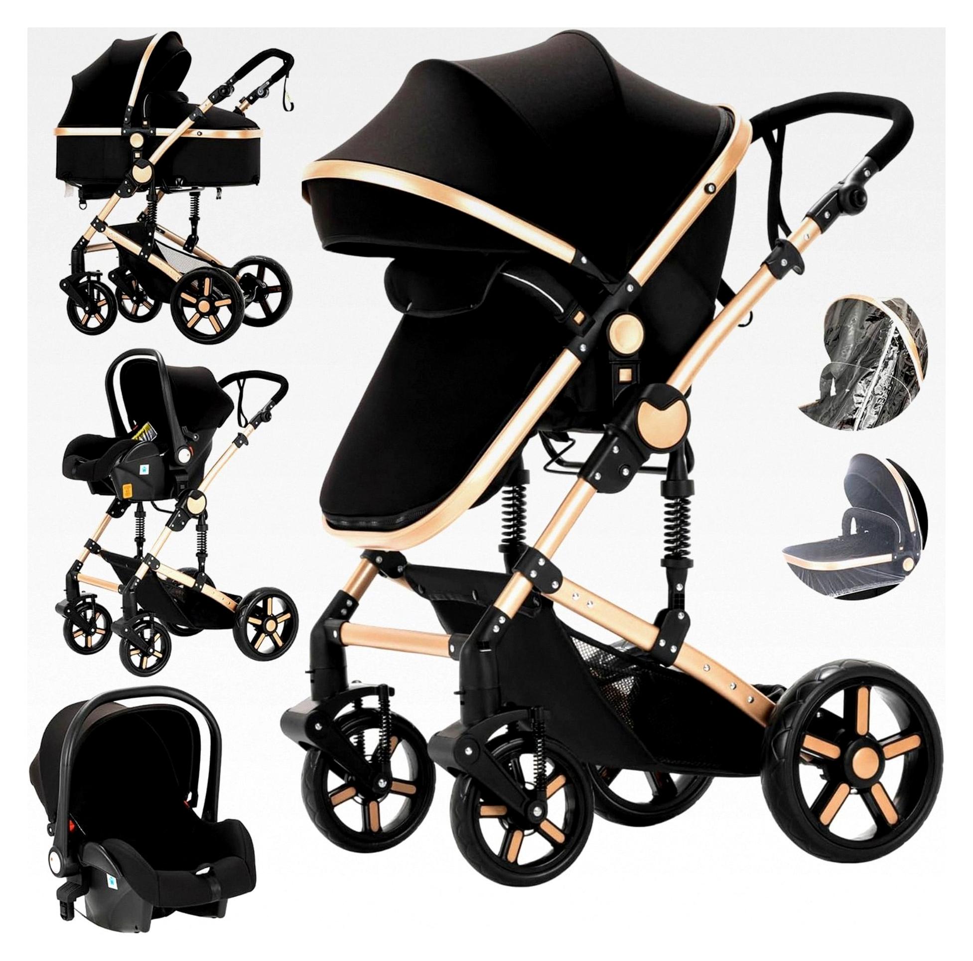 3-in-1 Kinderwagen mit umkehrbarem Doppelschiebemodus und großer, bequemer Babywanne, faltbarer Aluminiumrahmen für hohe Landschaft