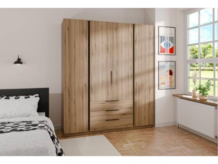 AX Living Nehir Schrank 200 cm Eiche Evoke, 4 Türen + 3S 4 glatte Türen; 3 Schubladen – mehr Ordnung im Alltag.