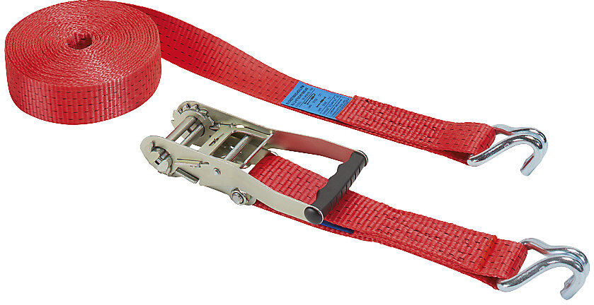 kaiserkraft Zurr-/Spanngurtset, 2 Gurte mit Spitzhaken und Druckratsche, LxB 8 m x 50 mm, 2500/5000 daN, Losende 7,7 m