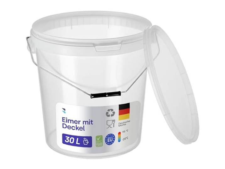 BenBow Eimer mit Deckel 30l Transparent 20x 30 Liter - lebensmittelecht, stabil, luftdicht, auslaufsicher, geruchsneutral - Aufbewahrungsbehälter aus Kunststof - leer