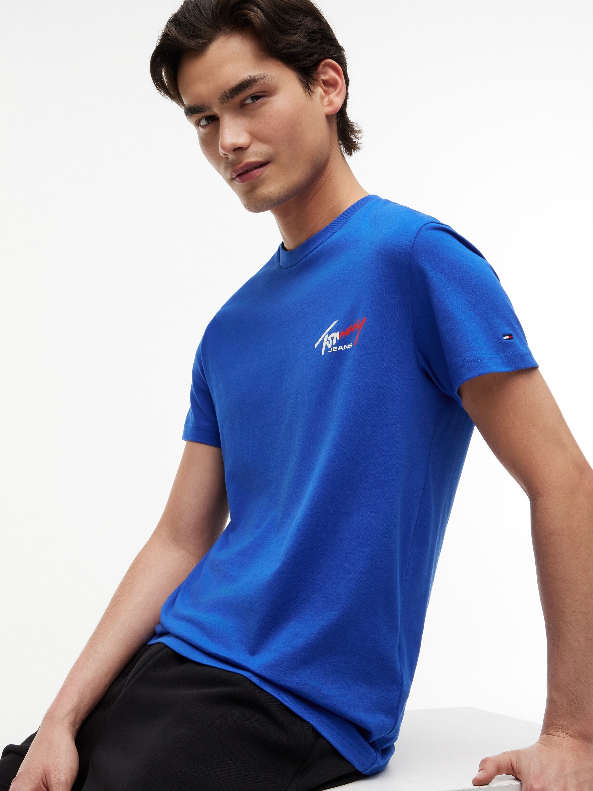 T-Shirt TOMMY JEANS "TJM SLIM FIT SIGN CHEST", Herren, Gr. S, providence blau, Single Jersey, Obermaterial: 100% Baumwolle, slim fit normal, Rundhals, eingesetzt abgesteppte Kante, Shirts T-Shirt, mit Markenprint providence blau S