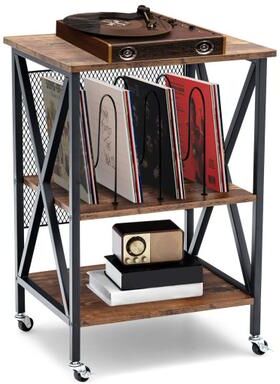 Costway 3 Tiers Vintage Style Rolling End Table with 3 Dividers for Albums-Brown
