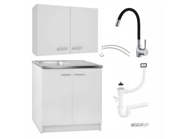 STAMAR Meuble sous Évier 80 cm Blanc + Évier Inox + Robinet Flex Pivotant Noir + Siphon LV + Meuble Haut - 80x49x82 cm