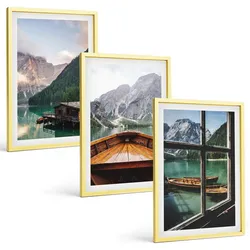 BILDER SET 3er Set - 40x60 cm Goldrahmen - Hütten am Bergsee Łódź