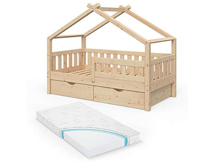 VitaliSpa Hausbett Design, Naturholz, 80x160 cm mit 2 Schubladen und Matratze, geeignet als Spiel- und Schlafbereich für Kinder