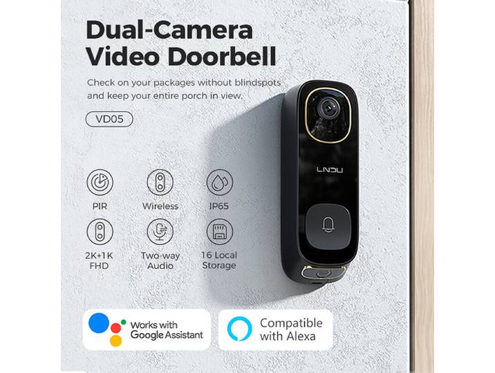 LNDU VD05 Sonnette vidéo 2K HD avec moniteur, audio bidirectionnel, Wi-Fi sans fil, étanche IP65, détection de mouvement double PIR