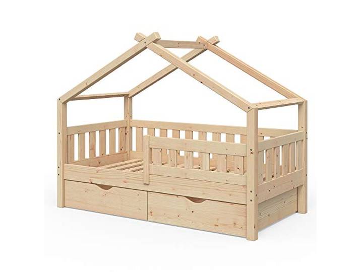 VitaliSpa Hausbett Design, Naturholz, 80x160 cm mit 2 Schubladen, geeignet als Spiel- und Schlafbereich für Kinder