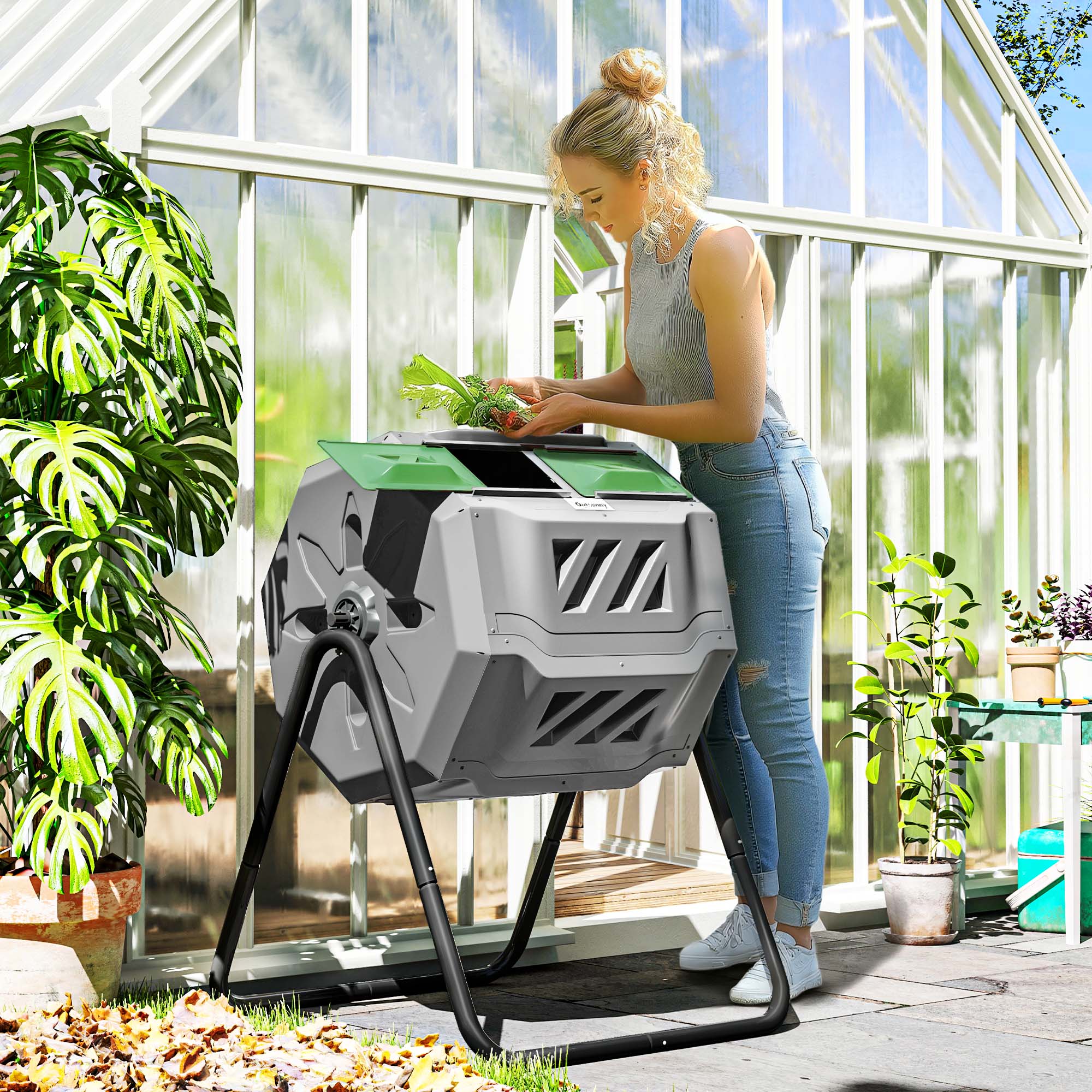 Outsunny Compostiera da Giardino Girevole a 2 Sezioni con 8 Prese d'Aria, in Acciaio e PP, 71x65x96 cm, Grigio