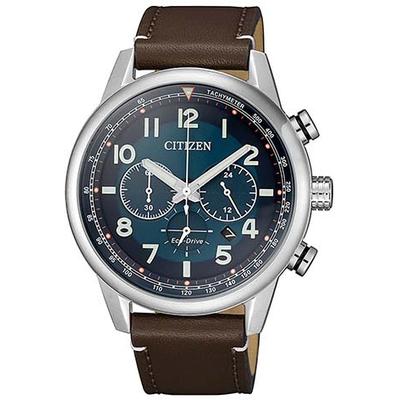 Chronograph CITIZEN, braun (dunkelbraun, blau), Armbanduhren, Herren, silberfarben, Chronograph, Armbanduhr, Herrenuhr, Solar, Stoppfunktion, Lederarmband