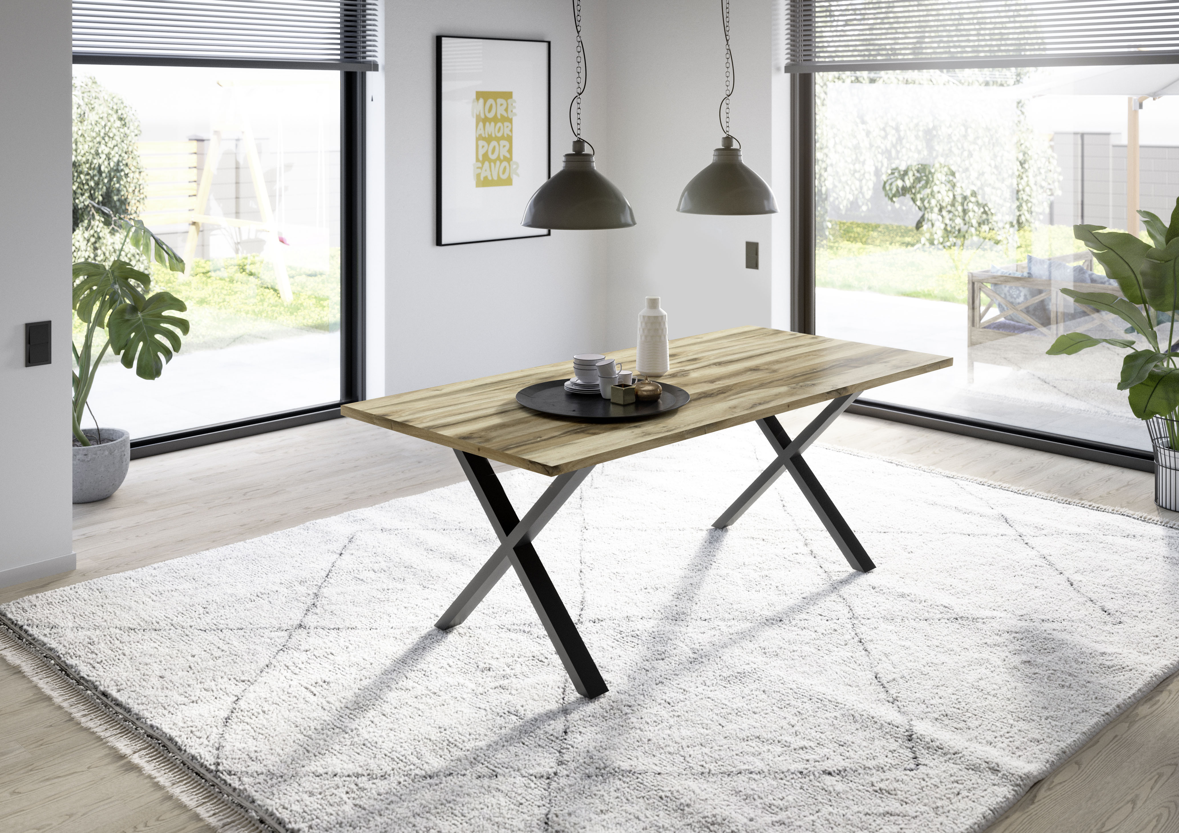 Esstisch MÄUSBACHER "Big System Metall", braun (schwarz feinstruktur, plankeneiche, schwarz feinstruktur, plankeneiche), B:200cm H:78cm T:100cm, Tische, Esstisch, Metallgestell in X Form schwarz feinstruktur, plankeneiche, schwarz feinstruktur, plankeneic