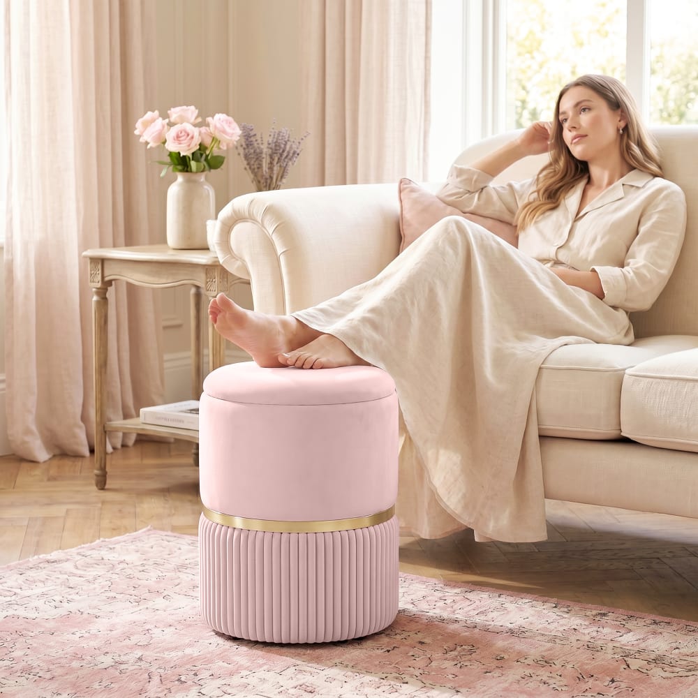 Homcom Pouf rond de rangement couvercle amovible siège rembourré velours rose Rose 36x44x36cm