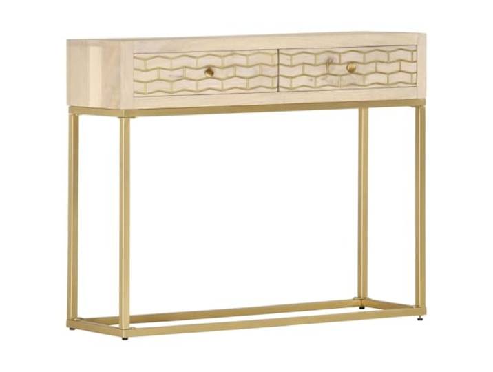 RJPLMFV Konsolentisch, goldfarben, 90 x 30 x 75 cm, Mangoholz, massiv Robuster Stahl, 2 Schubladen, industrieller Stil, einfach zu montieren, Dekoration für Wohnzimmer