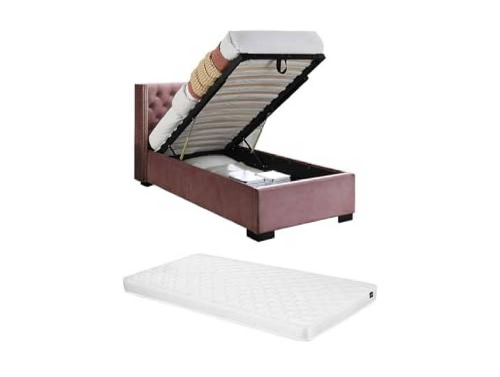Vente-unique Bett mit Bettkasten + Matratze - 90 x 200 cm - gestepptes Kopfteil - Samt - Rosa - Massimo