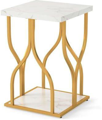 Costway Faux Marble Bedside Night Stand with Petal-Inspired Metal Frame-White