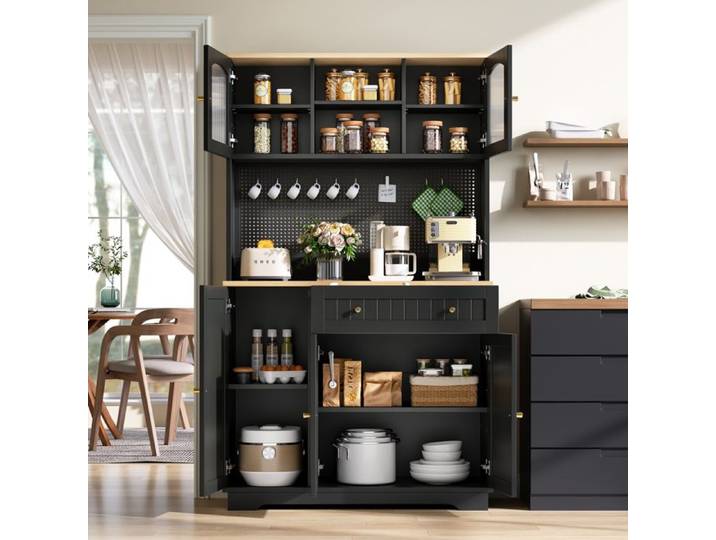 Armoire vitrine avec porte Noir 103.5× 40 × 180 cm armoire haute armoire de cuisine étagères réglables tôle perforée