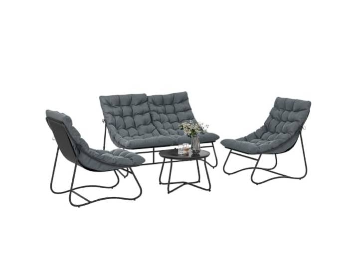 Outsunny 4-Sitzer Gartenset mit Loveseat-Sofa, Grau Sitzgruppe, Glascouchtisch, Dicke Kissen, Stahl-Outdoor-Sofa, Balkon, Poolseite, Wintergarten
