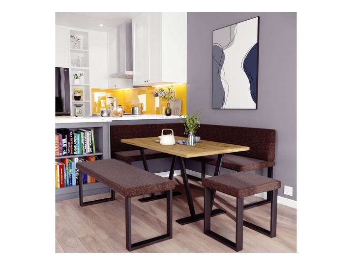 AN FURNITURE STORE Eckbankgruppe Eckbank ALINA Metall Set, (Eckbank mit Tisch, Sitzbank und Hocker), Tischplatte 32 mm, Farbe ARTISAN OAK, pulverbeschichtetes Metallprofil