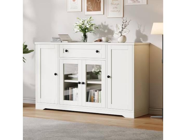 Merax Sideboard 138cm, Küchenschrank mit 4 Türen, 1 Schublade, Verstellbare Regalböden, Buffetschrank Mehrzweckschrank mit Glastür, Beistellschrank Flurschrank für Küche Wohnzimmer Esszimmer, Weiß