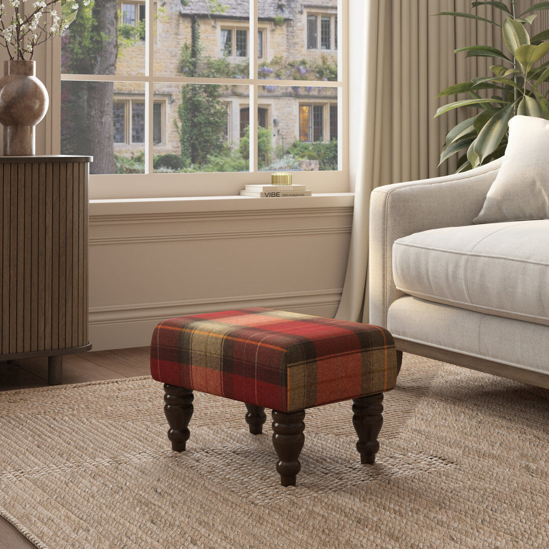 August Grove Tartan Material Large Footstools Tartan - Claret Red - Wood Turned Leg Mahogany 27.5cm H X 45cm W X 45cm D