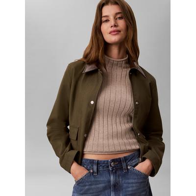Rollkragenpullover CALVIN KLEIN JEANS "WOVEN LABEL T-NECK SWEATER", Damen, Gr. XS, beige (oatmeal melange), Web, Obermaterial: 100% Baumwolle, unifarben, regular fit taillenbedeckt, Rundhals, eingesetzt gerader Abschluss, Pullover...