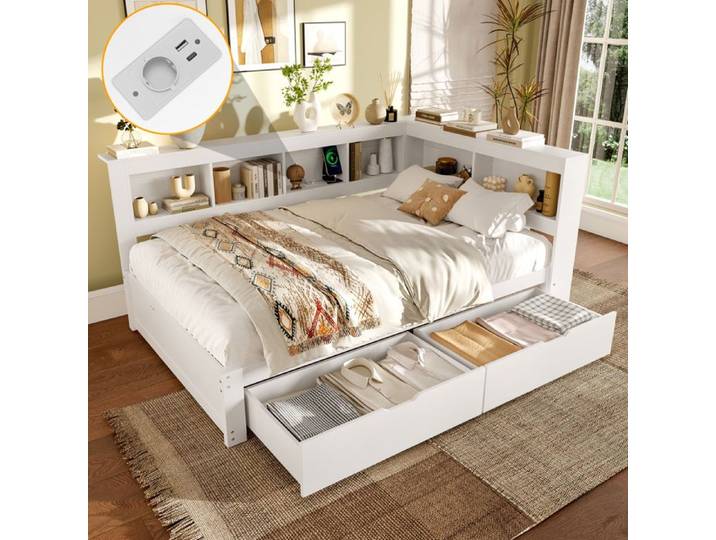 Lit banquette - ZEVKOR - Lit banquette double 140×200 cm - 2 tiroirs - Prise intégrée et 2 ports USB - Blanc
