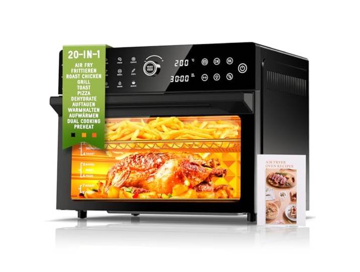 30L Heißluftfritteuse XXL Minibackofen mit LED-Touchscreen, Minibackofen mit Umluft mit 20 Programmen und Zwei Kochmodi, 1800W Heissluftfritteuse Air Fryer Oven ohne Öl, 8h Timer, Rezeptbuch,7 Anhänge