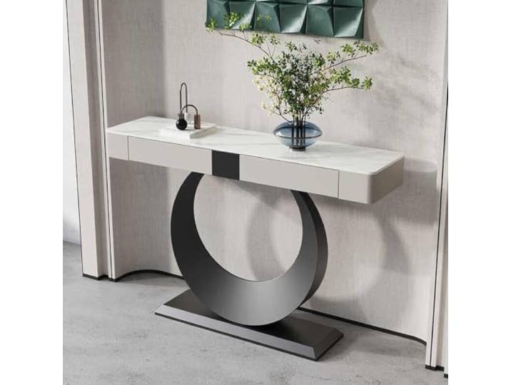 Moderner Konsolentisch mit Schubladen, Luxus Flurtisch mit Halbmond-Gestell Zeitgemäßer Sofatisch in Marmor-Optik und Schmaler Eingangstisch für Wohnzimmer und Diele(Black 3,L140cm/55.1'')