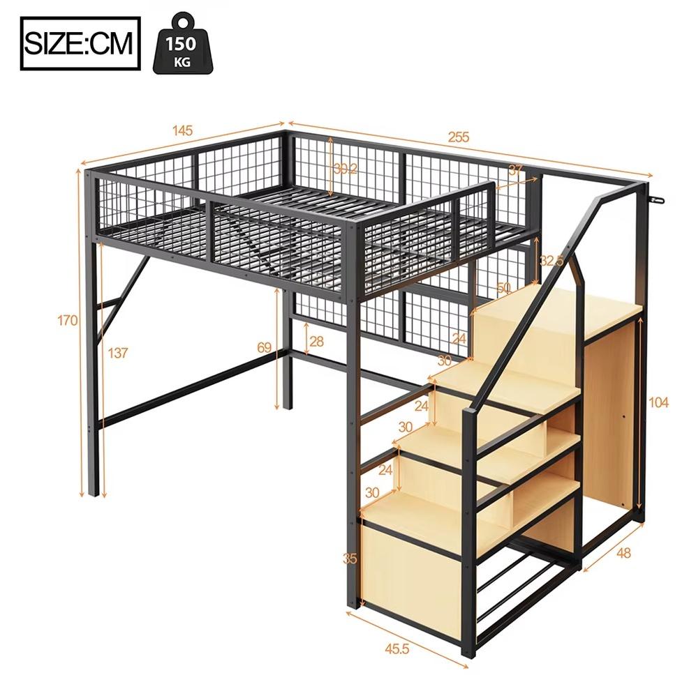 Hochbett - Metallisches Etagenbett - App-gesteuerte LED-Beleuchtung - Stabile Leiter - Integrierter Kleiderschrank und Stauraum - 140 x 200 cm - Schwarz