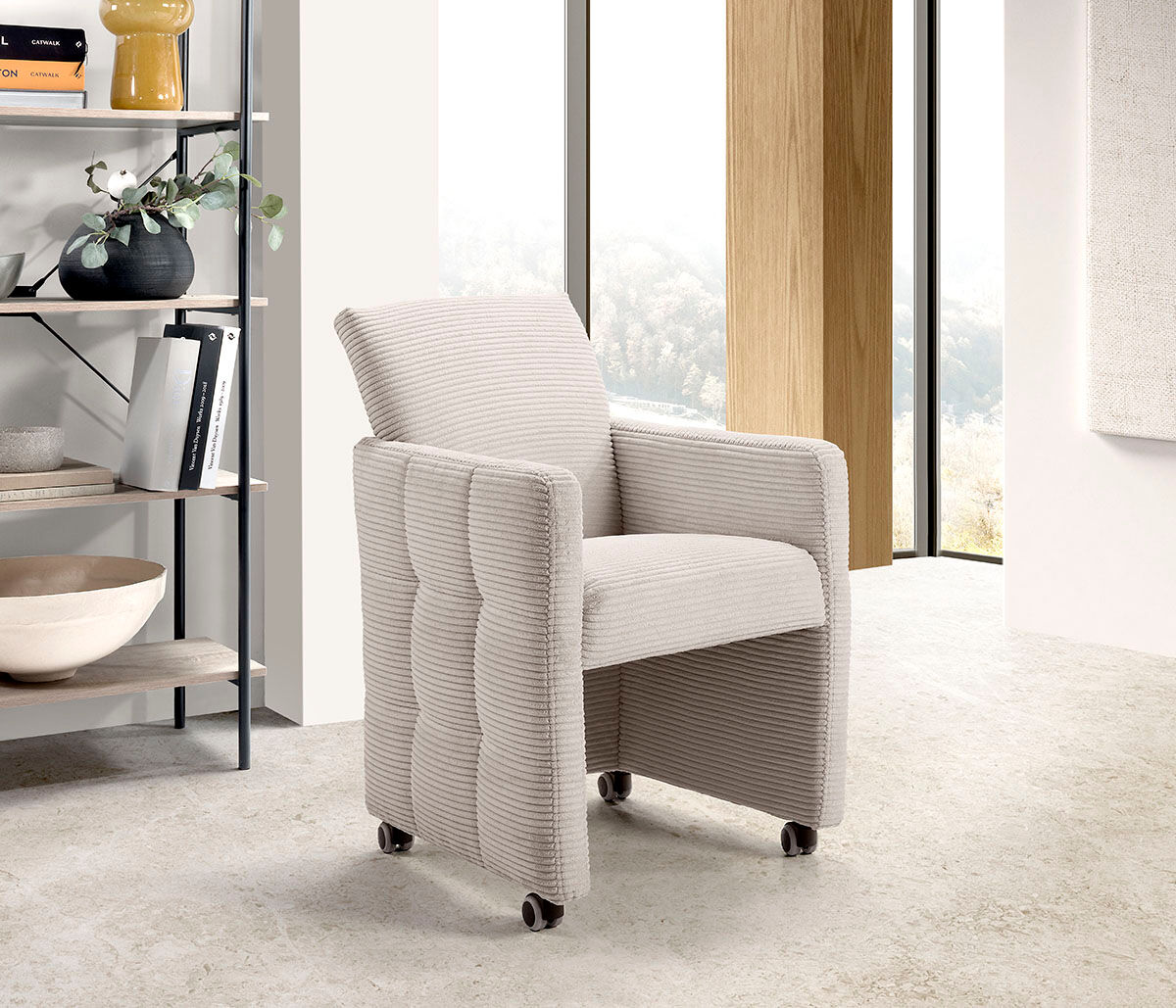 Esszimmersessel EXXPO - SOFA FASHION "Barista, Loungesessel auf Rollen mit hoher Bodenfreiheit", beige, B:64cm H:90cm T:72cm, Sessel, Esszimmersessel, Barista Clubsessel auf Rollen mit schmalen Armlehnen, modernes Design