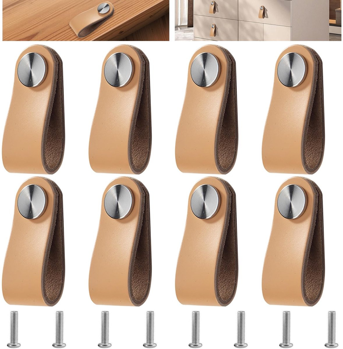 Dailygoods Cosensi Meubelhendels - Vintage Deurgrepen in Beige Leer - 8 Stuks