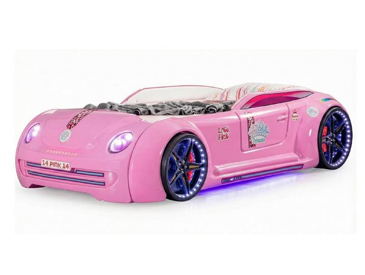 JVmoebel Autobett Pinkes Autobett für Mädchen mit LED Lichtern & Soundeffekten, Made in Europa
