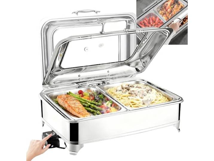 Aocay Chafing Dish Elektrisch 9L, Edelstahl(1/2 Pan) Speisewärmer Buffetwärmer Elektrisch mit Sichtbarem Glasdeckel, Warmhaltebehälter Essen Elektrisch Einstellbarer Temperatur