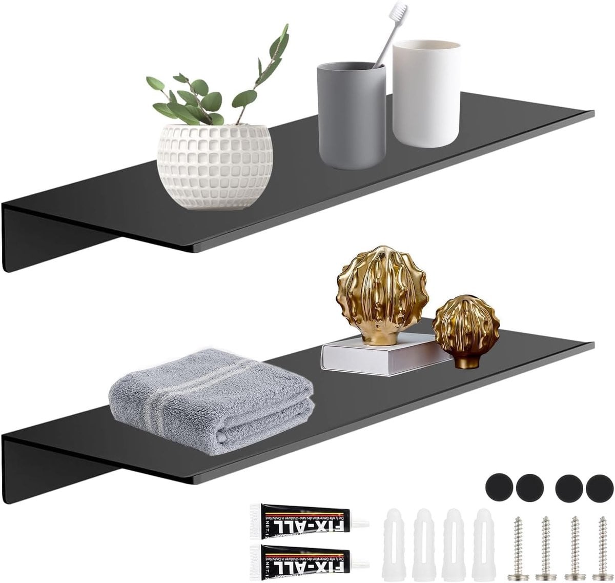 Set van 2 zwarte aluminium wandplanken voor badkamer, keuken of woonkamer