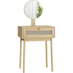 SCHMINKTISCH Rattan Eiche Optik mit Spiegel & Schublade Boho Kompakt
