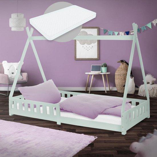 Baby Bett Tipi 90x200 cm in Minze mit Matratze und Fallschutz - Holz-Spielbett für Kinder