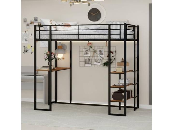 FAVSH Hochbett 90x200 cm mit Schreibtisch, Etagenbett aus Metall mit Rausfallschutz und Leiter, Jugendbett für Kinder und Jugendliche, Platzsparendes Loftbett, Schwarz