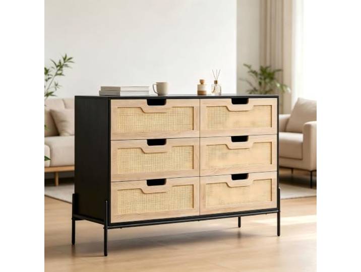 GarveeHome Kommode 6 Schubladen Rattan schwarz Eiche Schubladenkommode mit Flechtfront für Wohnzimmer und Schlafzimmer, viel Stauraum