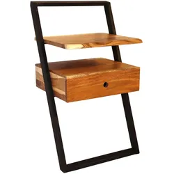 Nachttisch Gemea aus massivem Akazienholz, Metallgestell in Schwarz, modern, mit Schublade und Regal, Natur