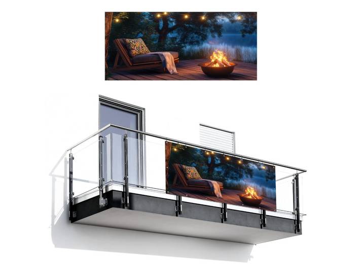 MuchoWow Balkon-Sichtschutz - Lagerfeuer - See - Abendlicht - 200x90 cm, Dunkelblau, Kunststoff, Rechteckig, 200x90 cm, Sonnen- & Sichtschutz, Sichtschutz Garten