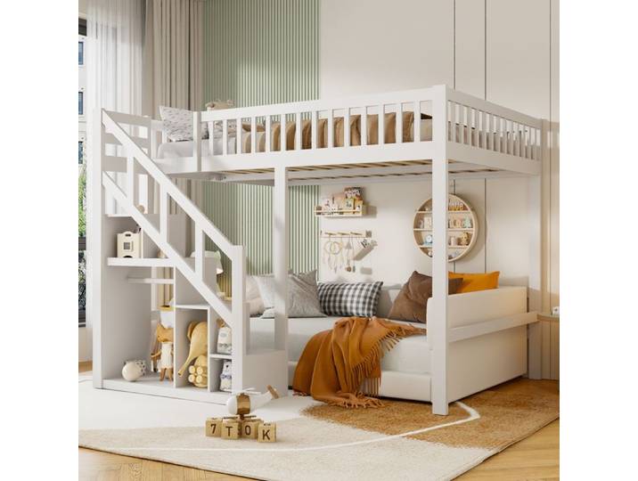 Lit superposé enfants 90x200cm - ADWOLT - Bois massif - Blanc - Lit Mezzanine Multifonctionnel avec Escalier de Rangement