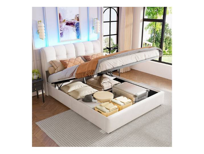 Simurq Polsterbett Polsterbett Bettgestell,Bett 140x200,Boxspringbett,Doppelbett (Mit Lattenrost,Boxspringbett Polsterbett mit LED), 140x200 cm,beige