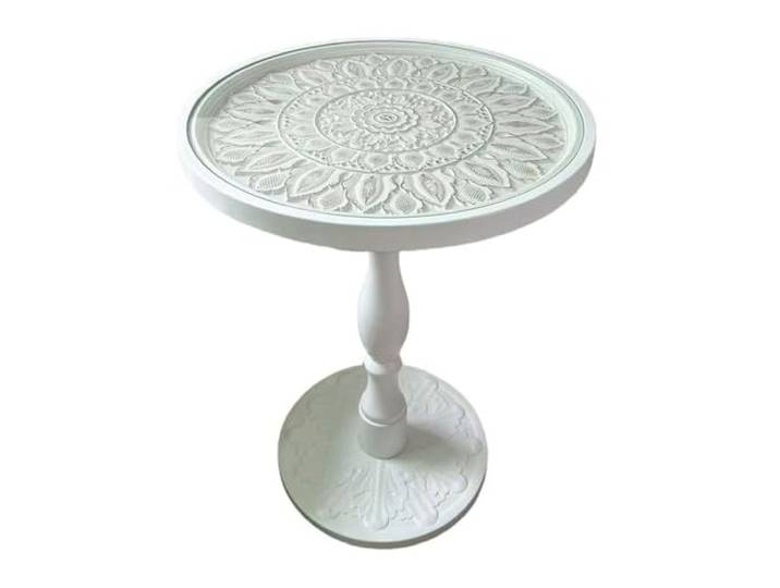 9bbhfJw4R Couchtisch im Landhausstil Vintage geschnitzter runder Sofa-Beistelltisch aus Glas mit römischer Säule(Weiß,Mittel)