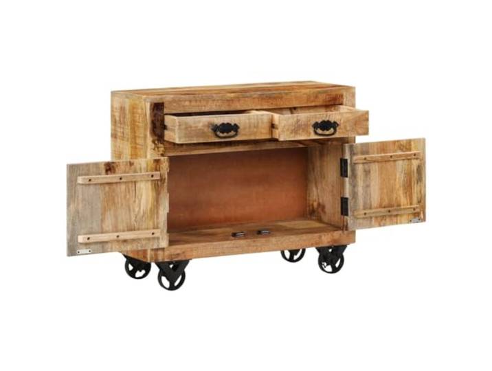 KKgypkn Sideboard 80x30x65 cm Massives Raues Mangoholz Gusseisenraeder mit Bremse, Schubladen und Fach, Stauraum fuer Kleidung und Deko