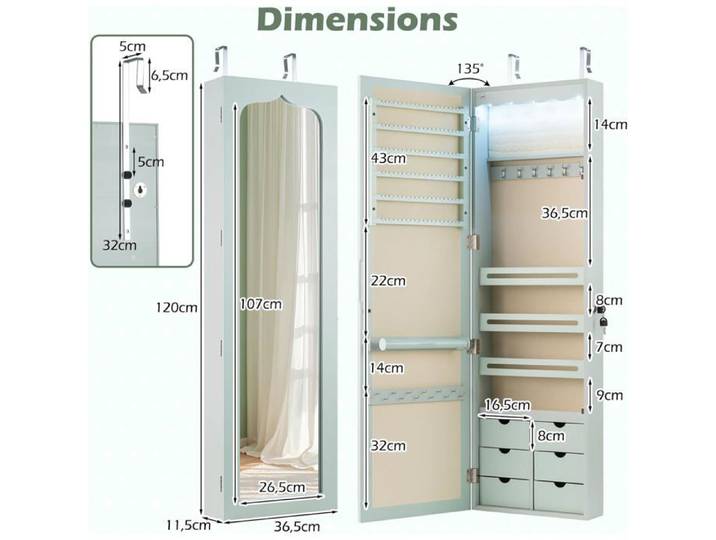 GIANTEX Armoire à Bijoux Mural avec Miroir et Lumière LED Accrochée à la Porte avec Serrure Miror Porte-Bijoux 120x36 5x11 5CM Ve