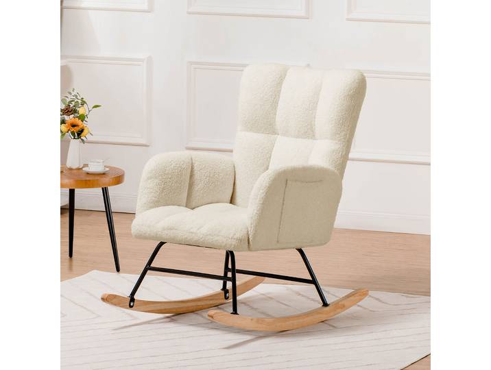 Fauteuil à bascule COMHOMA, fauteuil de relaxation avec accoudoirs, fauteuil à oreilles en peluche Teddy, capacité de charge jusqu'à 150 kg, chaise longue de jardin pour chambre à coucher, salon,