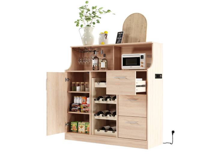 Modfu Sideboard aus MDF 120x40x121 cm Natur/Weiß mit LED-Beleuchtung, Steckdose, Weinregal und Gläserhalter, 120x121x40 cm, Kleinmöbel, Kommoden, Sideboards